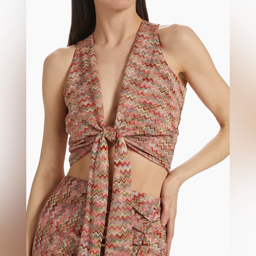 Ramy Brook NWT Shimmery Gertrude Chevron Sleeveless Tie Crop Top - Picture 2 of 8
